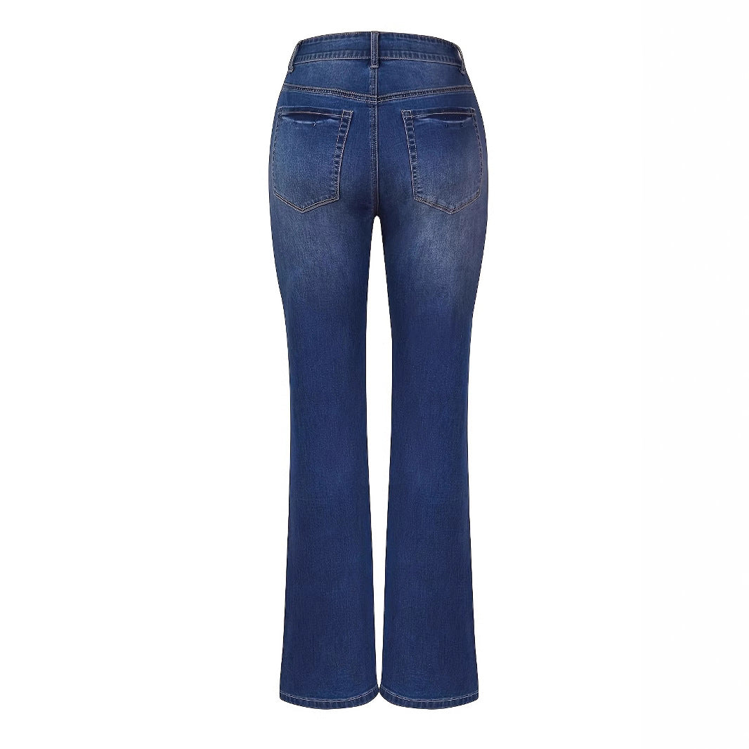 Women High-Waisted Button-Fly Flared Jeans with Sculpting Center Seam Mune Fashion