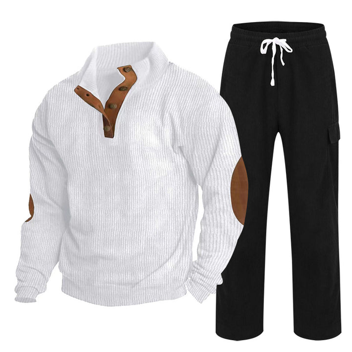 Men's Cozy Leisure Set made of Waffle Knit Henley with Elbow Patch and Relax Cargo Pants Mune Fashion