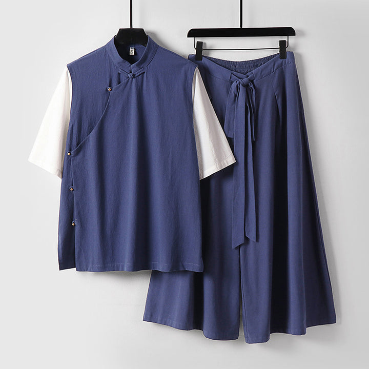 Women's Two-Piece Kimono Loungewear Set made of Linen Blend with Stand Collar Asymmetrical Button Placket and Wide Palazzo Skirt Mune Fashion