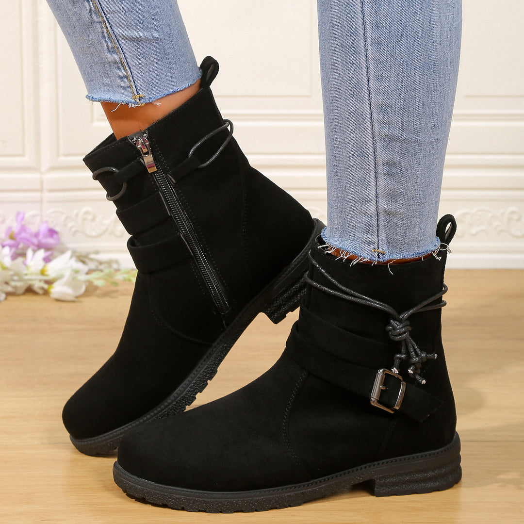 Women's non-insulated ankle boots with wrap straps, decorative metal buckle, and slip-resistant profile sole Mune Fashion