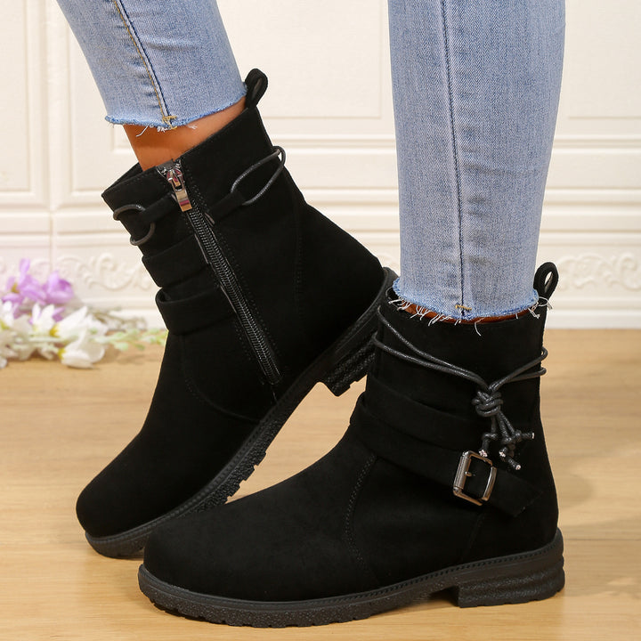 Women's non-insulated ankle boots with wrap straps, decorative metal buckle, and slip-resistant profile sole Mune Fashion