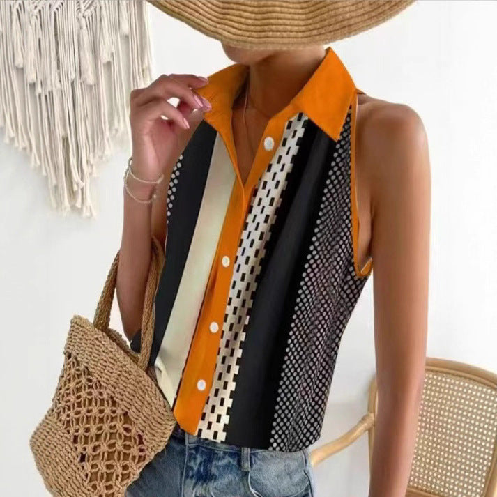 Women sleeveless shirt top with Kent collar, contrasting button placket and graphic stripe print Mune Fashion