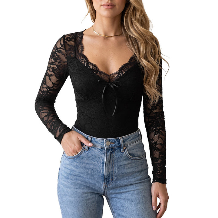 Ladies Elegant Lace Bodysuit with V-Neck and Bow Detail Mune Fashion