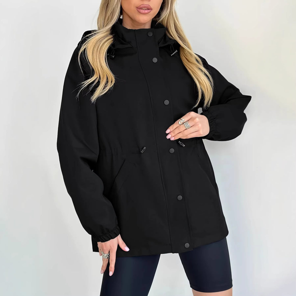 Women's Water-Repellent Short Parka with Hood, Drawstring and Snap Button Placket Mune Fashion