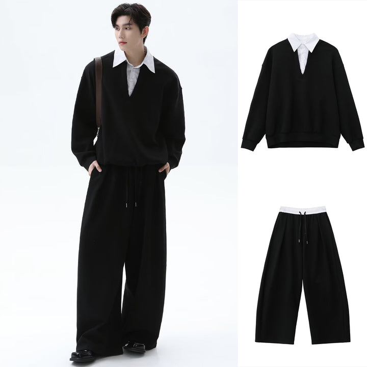 Men's Casual Oversized Sweater with V-Neck and Wide Pants Mune Fashion
