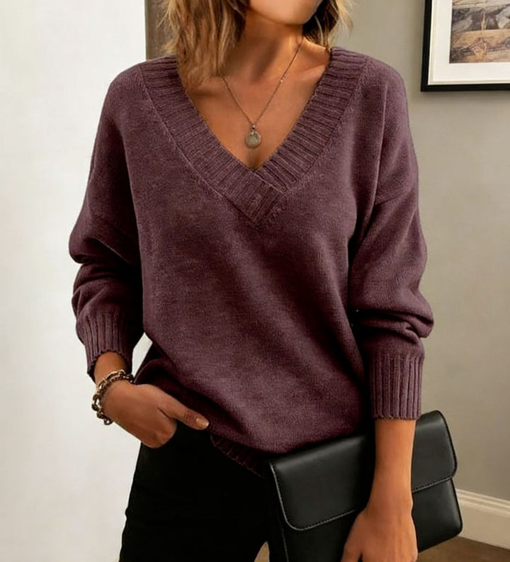Women's fine knit sweater with deep V-neck and dropped shoulder Mune Fashion