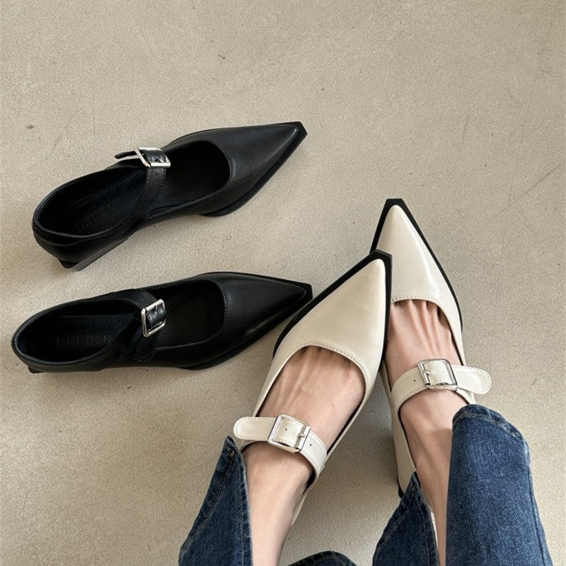 Women's pointed-toe strappy pumps with adjustable buckle strap and low block heel Mune Fashion