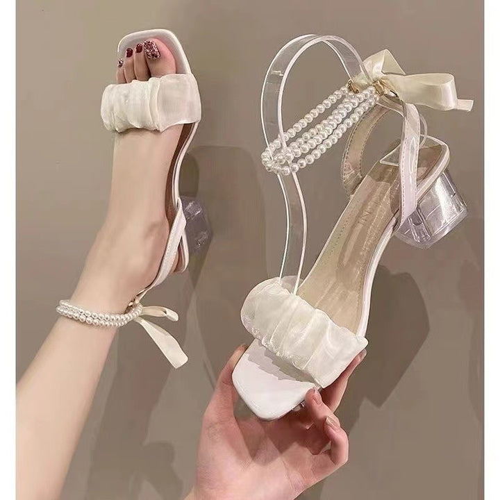 Women Open Strap Sandals with Pearl Accents, Ruffle Front and Transparent Block Heel Mune Fashion