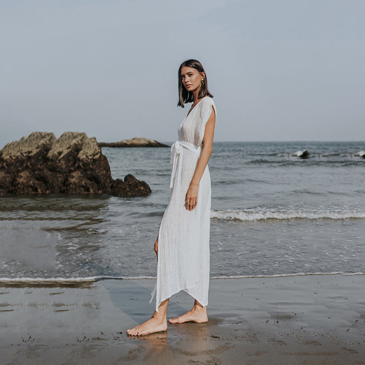 Women airy beach dress with tie belt Mune Fashion