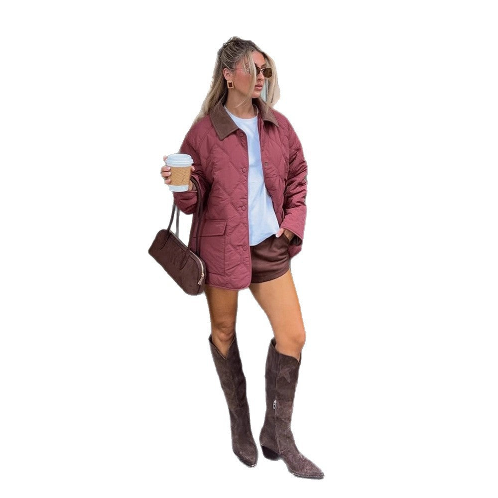 Women's quilted oversized jacket with cord collar, snap button closure and patch flap pockets Mune Fashion