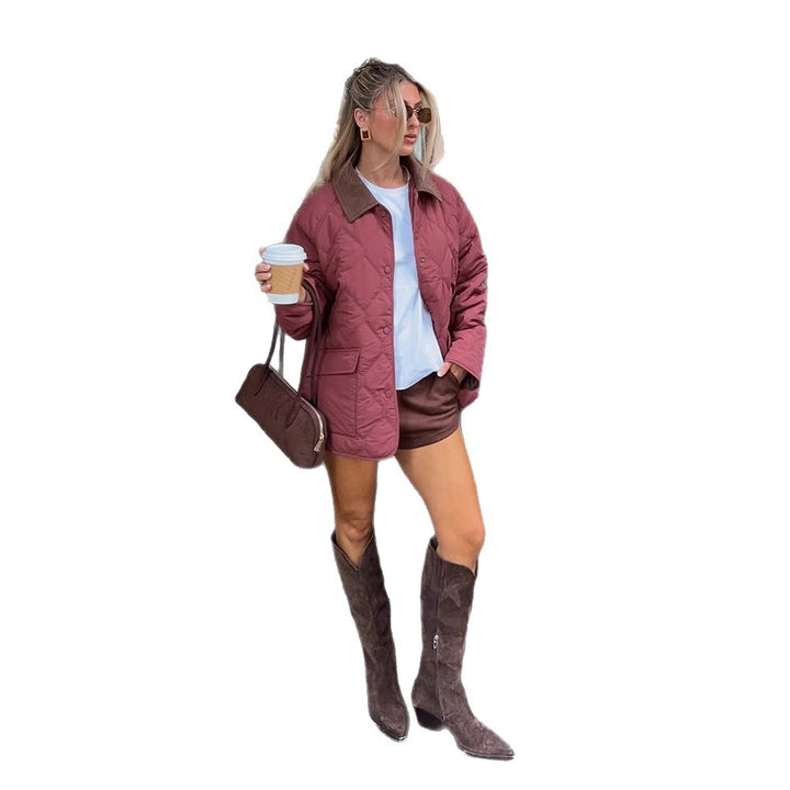 Women's quilted oversized jacket with cord collar, snap button closure and patch flap pockets Mune Fashion