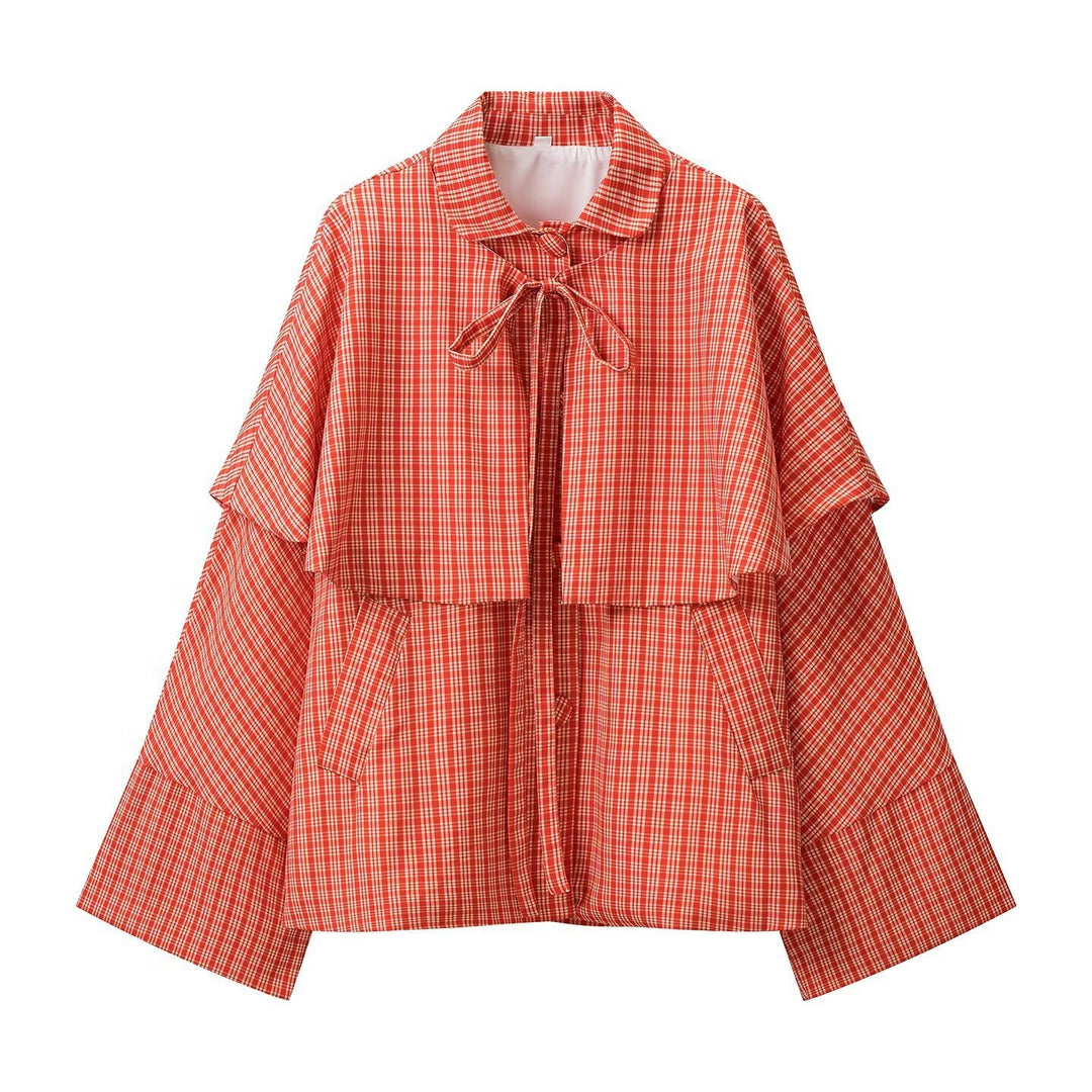 Ladies Wide Cape Jacket with Overlapping Shoulder Yoke and Bow Closure Mune Fashion