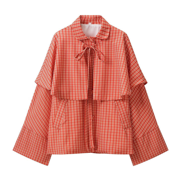 Ladies Wide Cape Jacket with Overlapping Shoulder Yoke and Bow Closure Mune Fashion