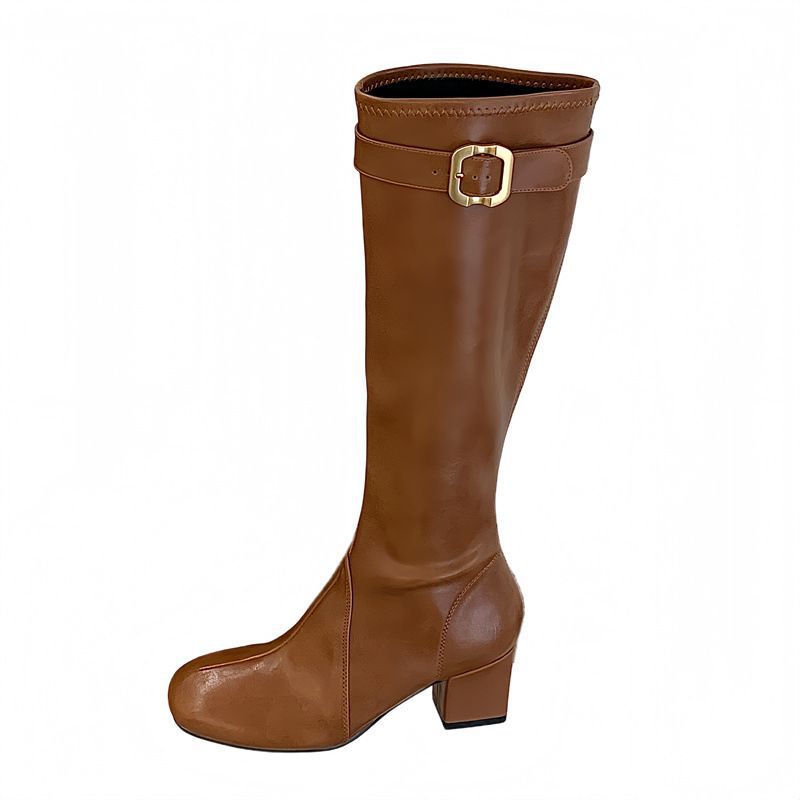 Women knee-high vintage-inspired boots with sculpted block heel, adjustable buckle strap, and side zipper Mune Fashion