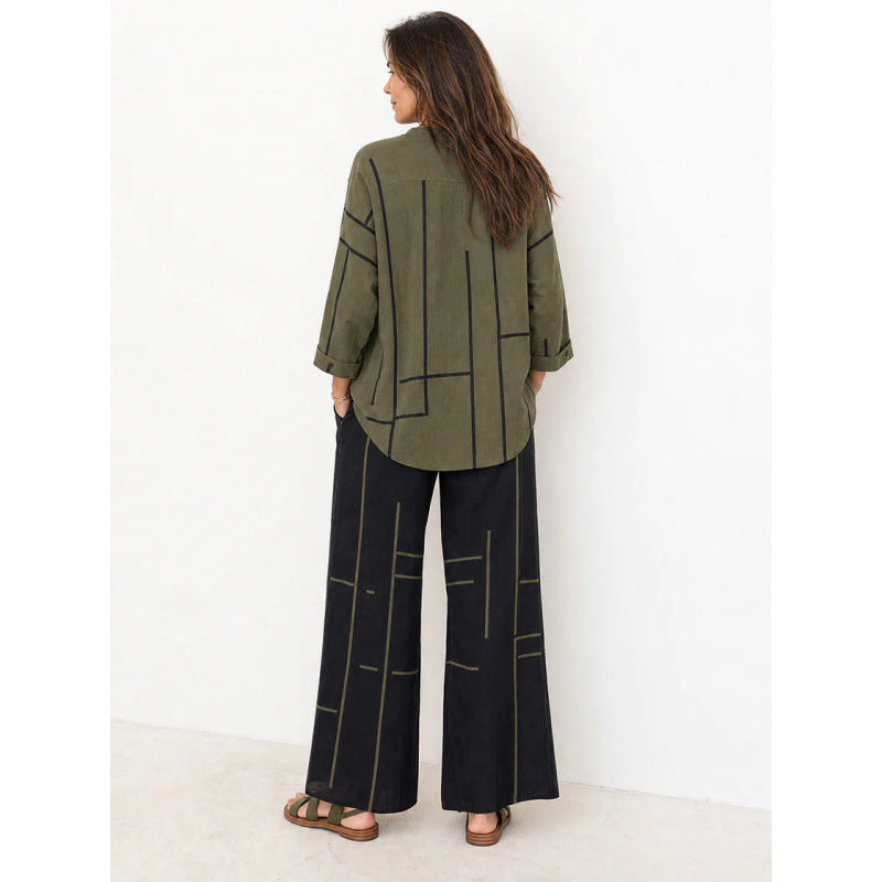 Women Oversized Tunic and Wide Palazzo Pants with Graphic Stripe Print and Henley Collar Mune Fashion