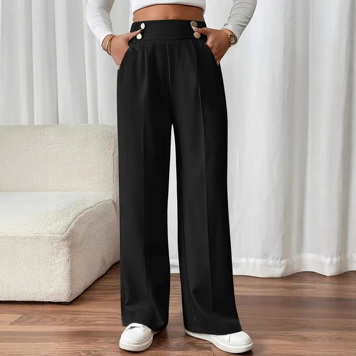 Women's High-Waisted Wide Palazzo Pants with Button Closure, Crease and Side Pockets Mune Fashion