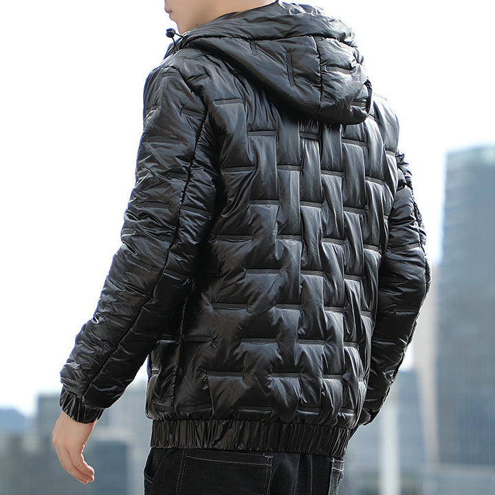 Men's Lightweight Quilted Hooded Puffer Jacket with Shiny Surface and Elastic Cuffs Mune Fashion