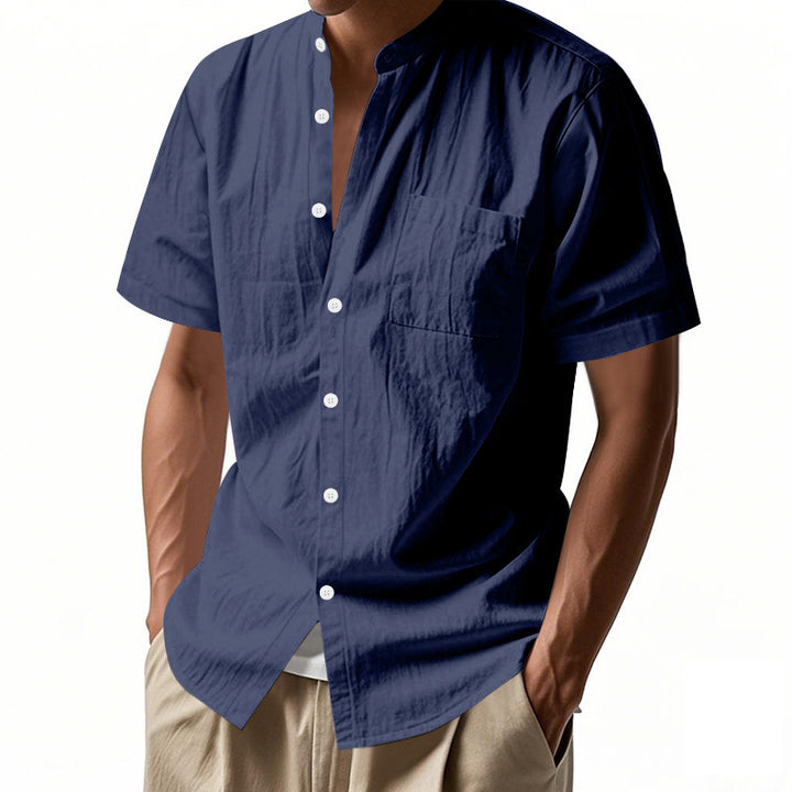 Men's nan legeres short-sleeve linen blend shirt with stand-up collar, chest pocket, and continuous button placket Mune Fashion