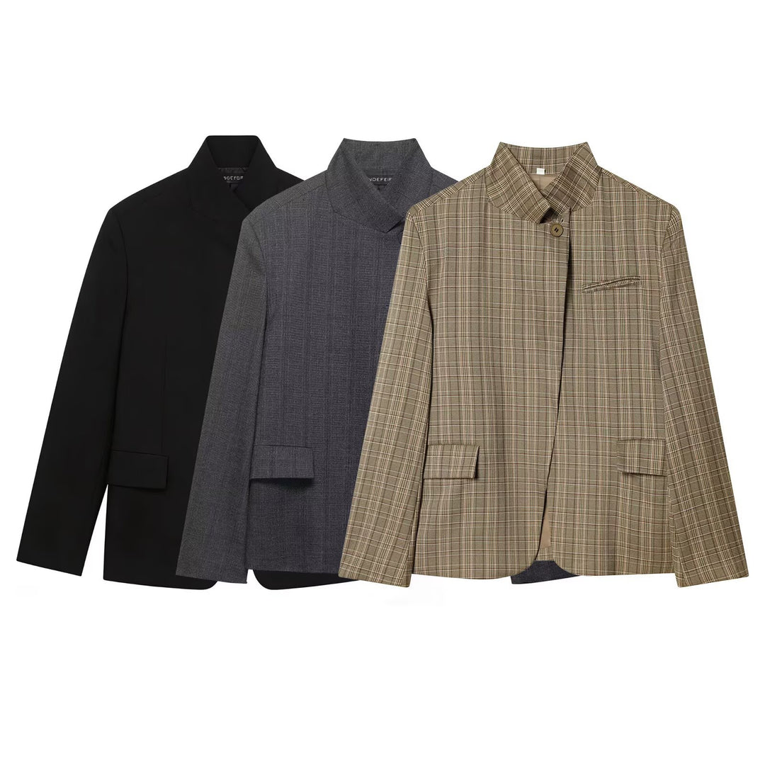 Women's Checkered Blazer with Standing Collar, Slim Fit and Flap Pockets Mune Fashion