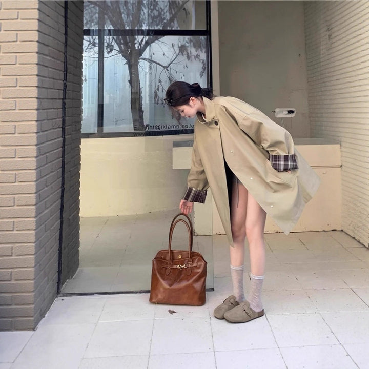 Women Oversized Short Coat with Stand-Up Collar and Checked Sleeve Lining Mune Fashion