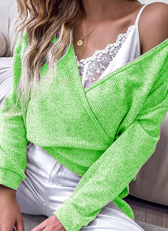 Women's fine knit wrap pullover with deep V-neck, dropped shoulder, and mottled texture Mune Fashion