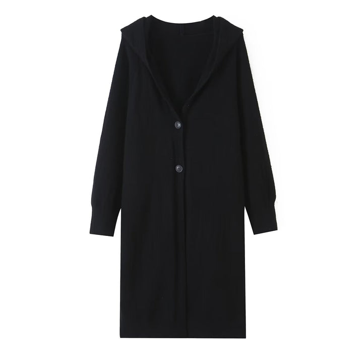 Women's Longline Knit Cardigan with Hood, Fine Knit and Button Closure Drune
