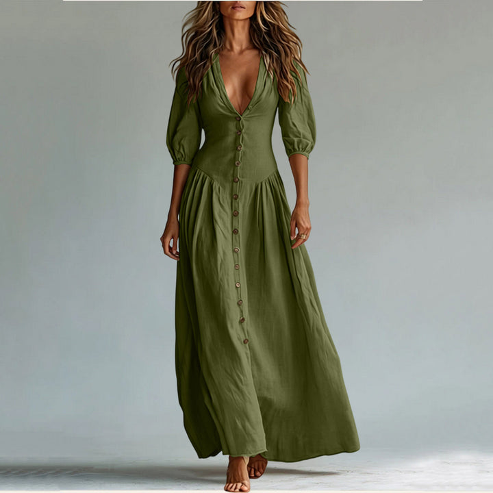 Ladies max dress with deep V-neck, button placket and balloon sleeves Mune Fashion