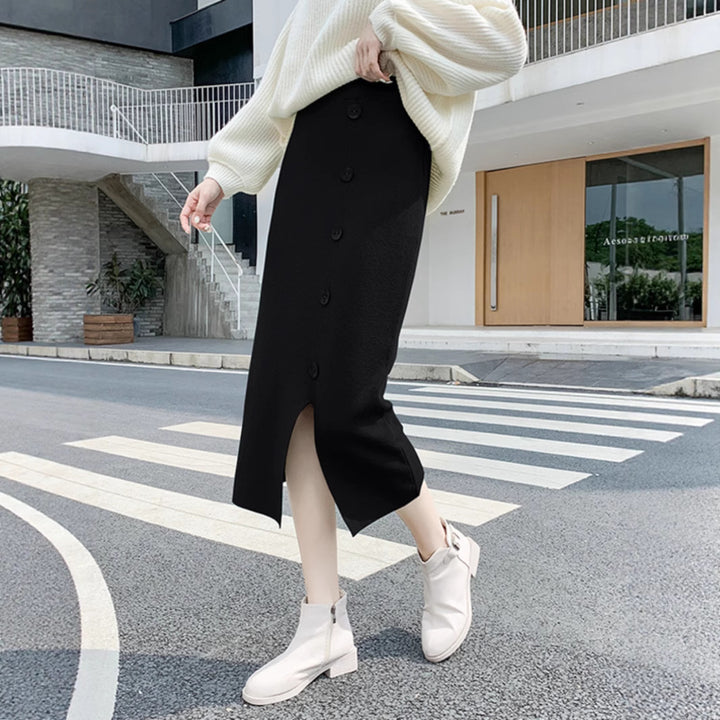 Ladies Elegant Maxi Skirt with Button Details and Slit Mune Fashion