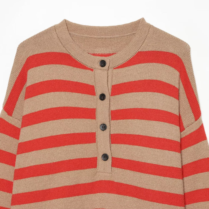 Women's Striped Oversize Knit Sweater with Henley Button Placket Mune Fashion