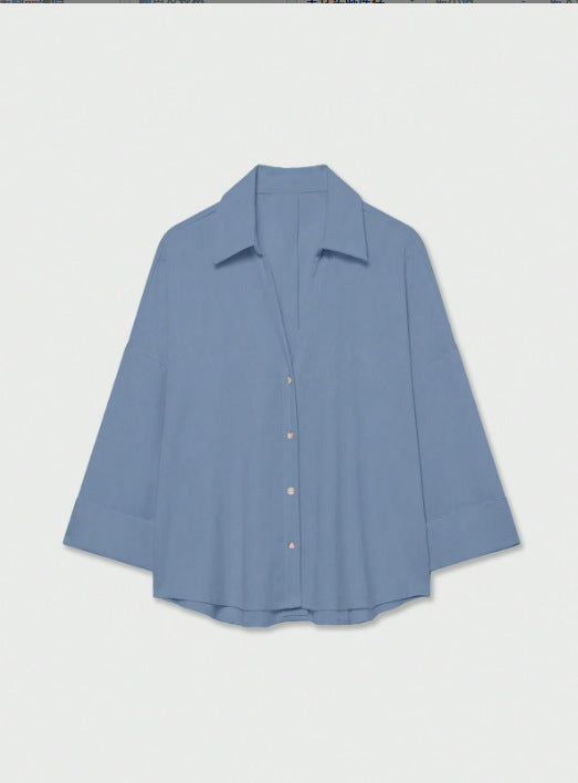 Women's Lightweight Oversized Linen Look Blouse with Three-Quarter Sleeves and Full Button Placket Mune Fashion