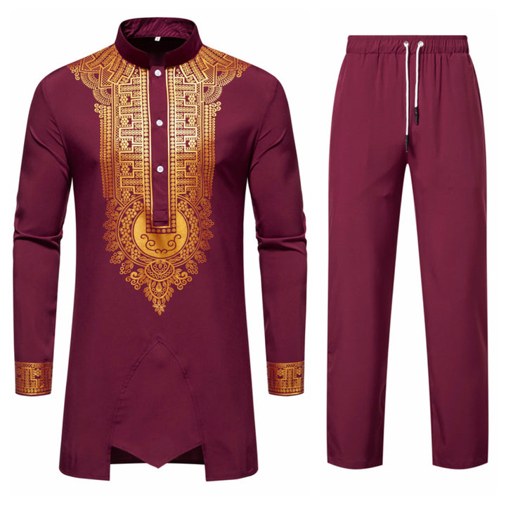 Men's Traditional Tunic Set with Stand-Up Collar and Gold Ornament Print, Long Shirt & Drawstring Pants Mune Fashion