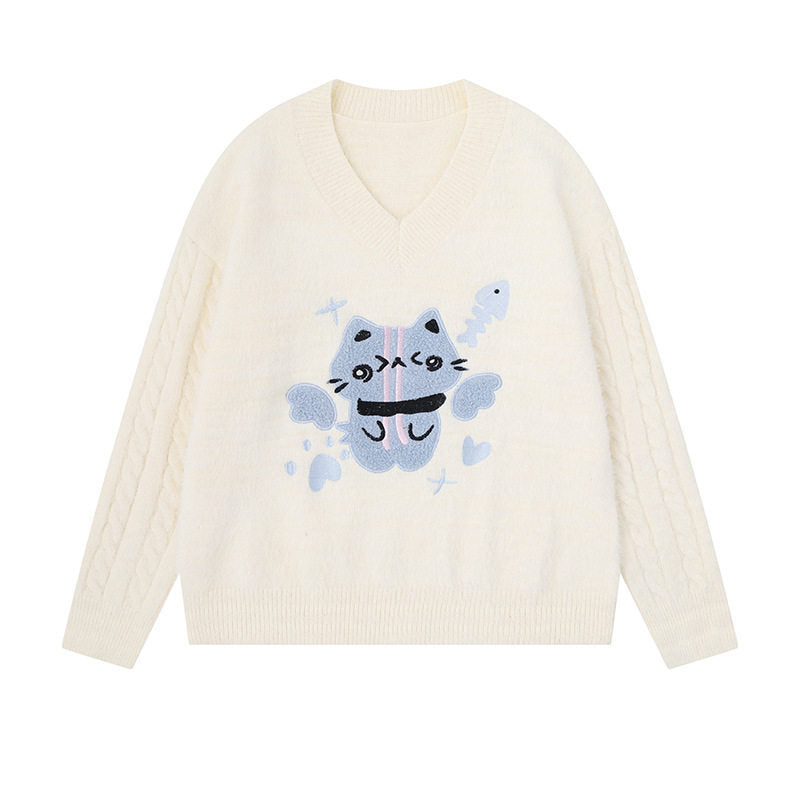 Women's V-neck knitted sweater with cable sleeves and chenille cat motif Mune Fashion