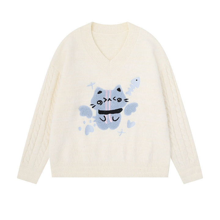 Women's V-neck knitted sweater with cable sleeves and chenille cat motif Mune Fashion