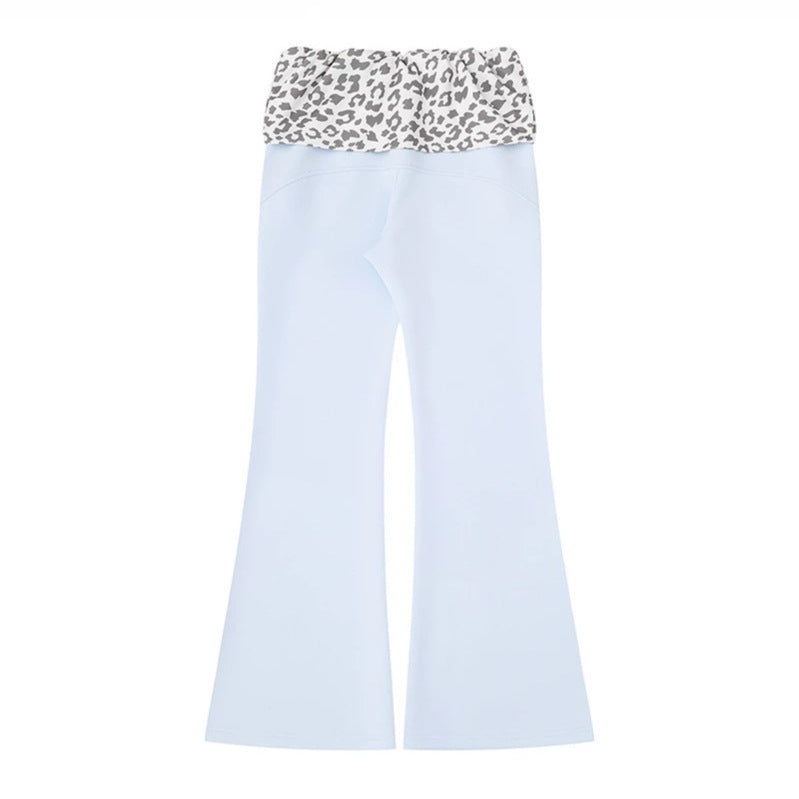 Women's Wide Jersey Lounge Pants with Flared Hem and Turned-Down Leopard Waistband Mune Fashion
