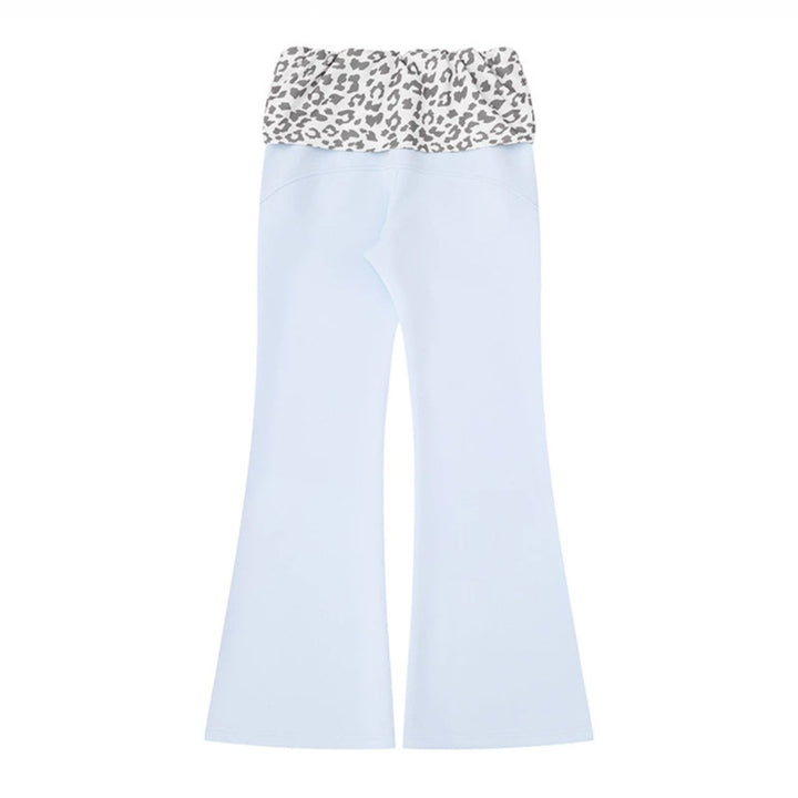 Women's Wide Jersey Lounge Pants with Flared Hem and Turned-Down Leopard Waistband Mune Fashion