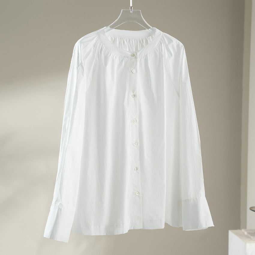 Women's blouse with gathered round neckline and continuous button placket Mune Fashion