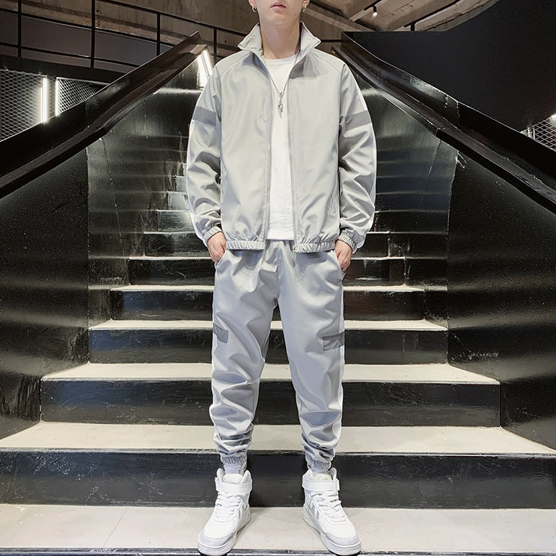 Men's Two-Piece Streetwear Training Set with Stand-Up Collar, Contrast Stripes & Reflective Inserts Mune Fashion