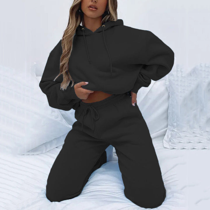 Women's Cropped Hoodie Jacket and High-Waist Jogging Pants Set made of French Terry with Elastic Waistband Mune Fashion