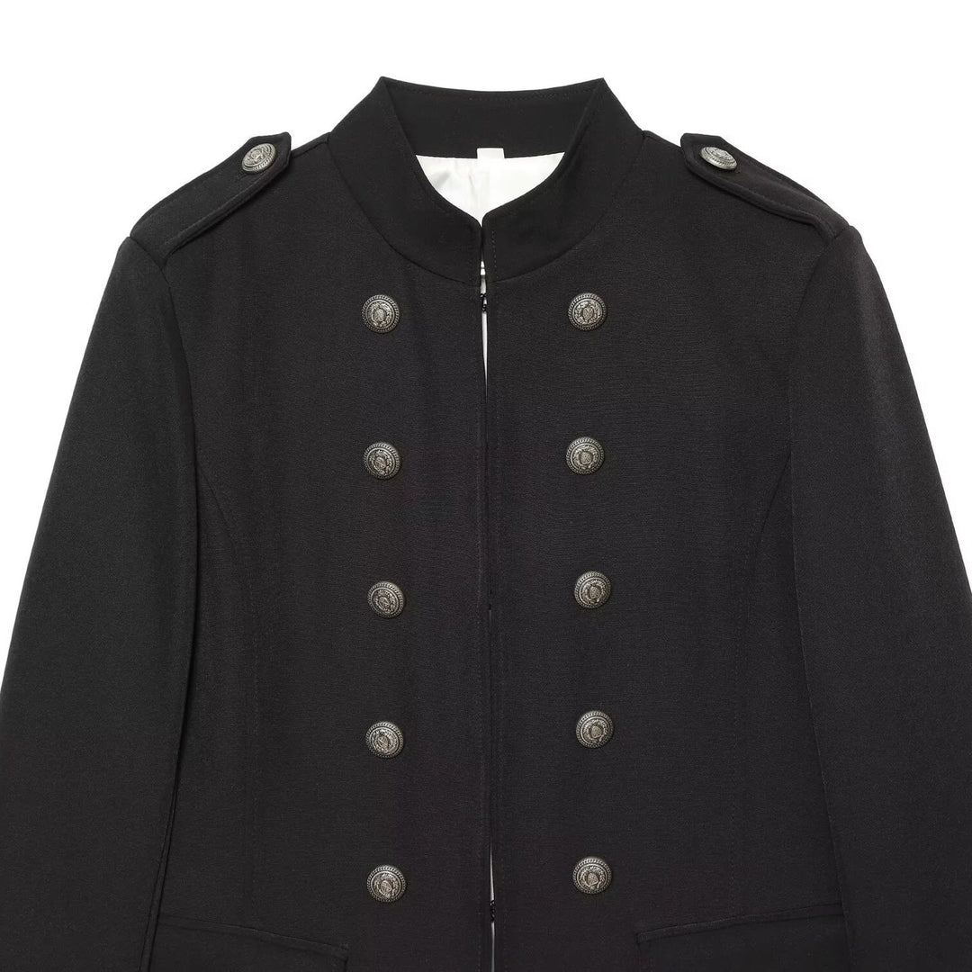 Women's Military Inspired Double Breasted Short Jacket with Stand Collar and Epaulettes Mune Fashion
