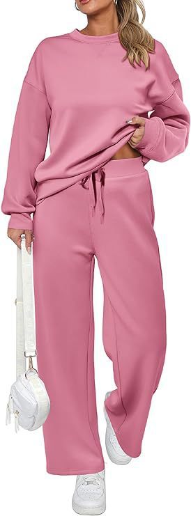 Women's two-piece French terry lounge set with oversized round neck pullover and wide high waist jogger Mune Fashion