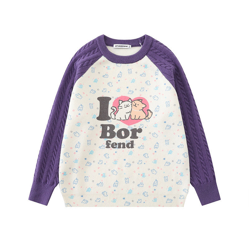 Women's knitted sweater with raglan sleeves, cable pattern sleeves and cartoon cat front print Mune Fashion