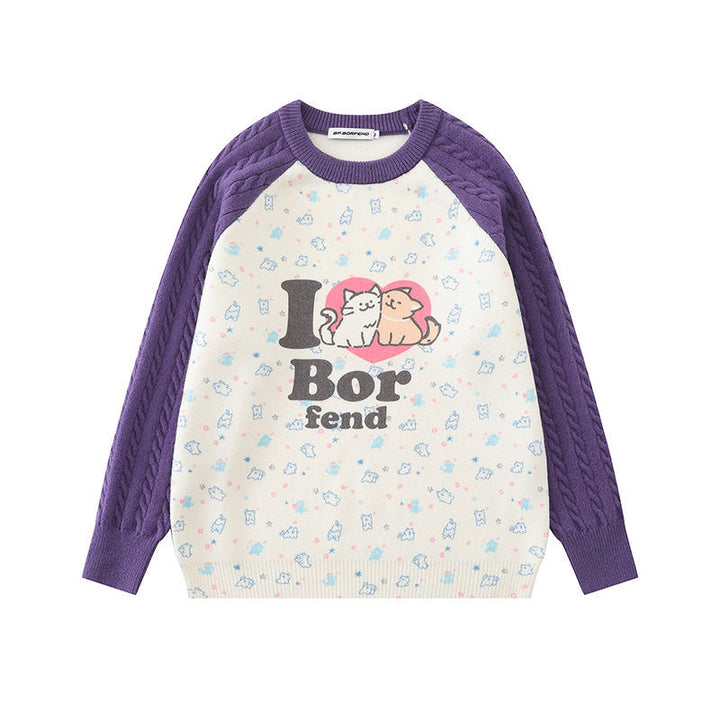 Women's knitted sweater with raglan sleeves, cable pattern sleeves and cartoon cat front print Mune Fashion