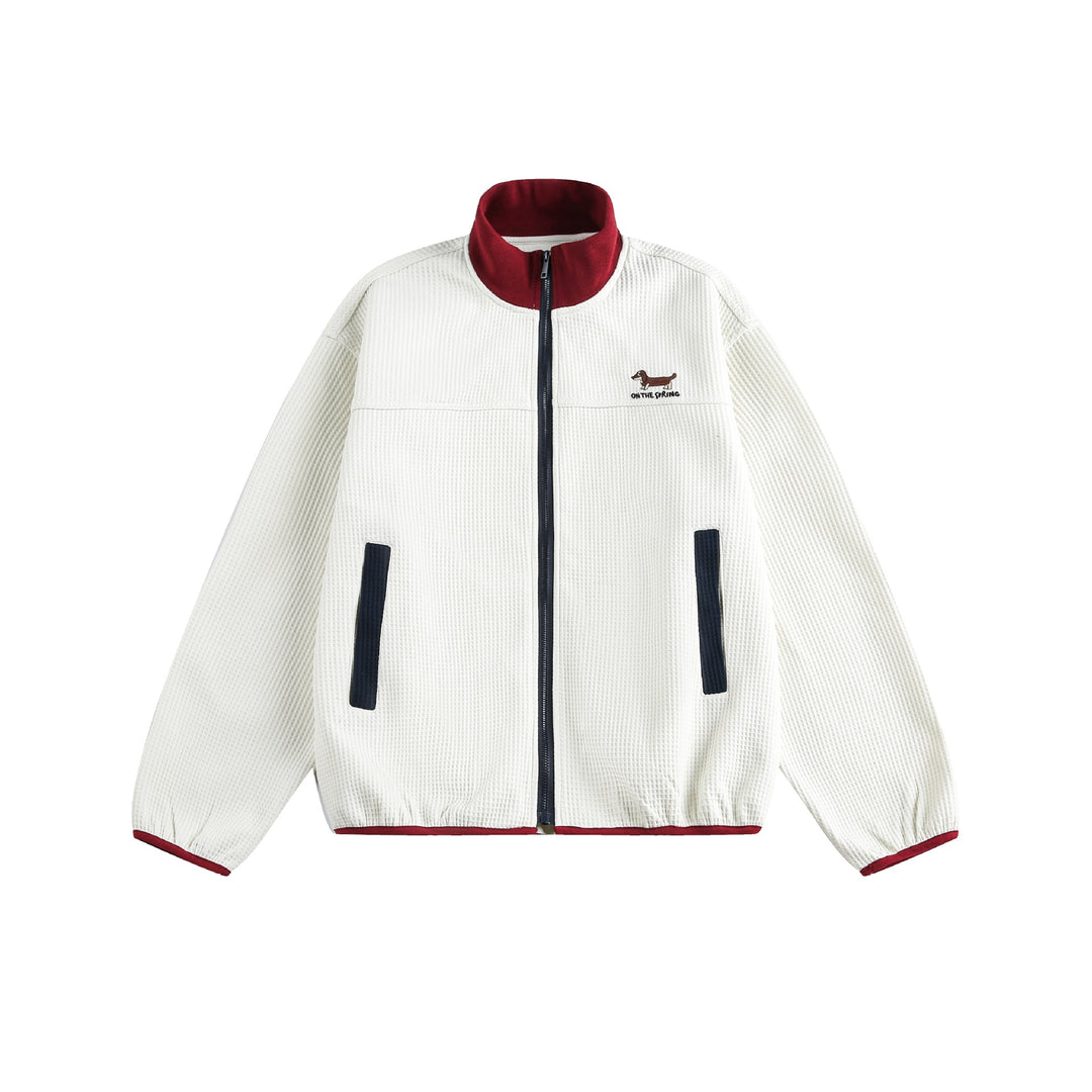 Women’s waffle structure zip jacket in boxy cut with stand-up collar and dog embroidery Mune Fashion