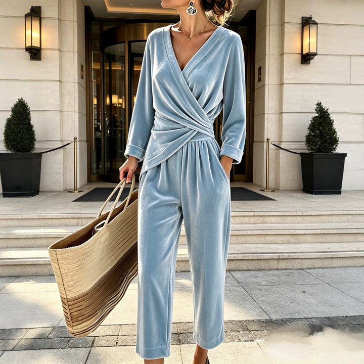 Women's velvet jumpsuit with wrap top, tailored draping, and wide ankle-length leg Mune Fashion