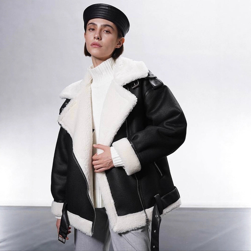 Women's Oversized Biker Jacket with Teddy Fur Lining and Adjustable Belts Mune Fashion