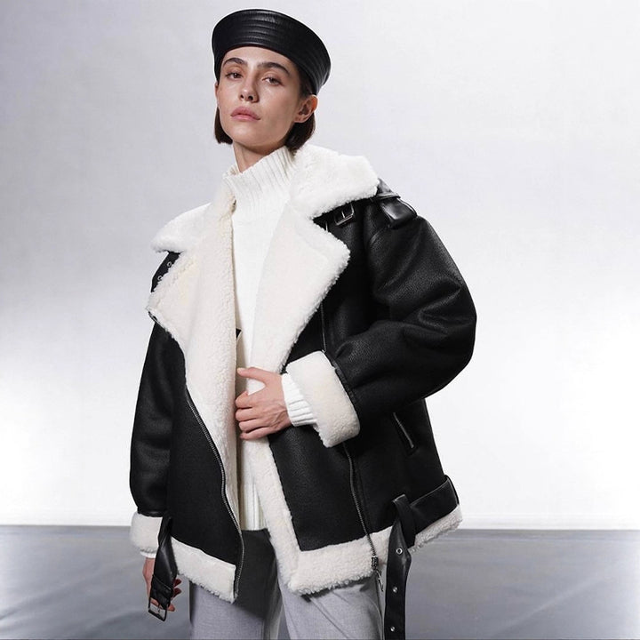 Women's Oversized Biker Jacket with Teddy Fur Lining and Adjustable Belts Mune Fashion