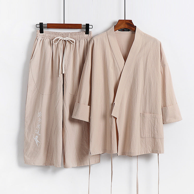 Unisex Lightweight Kimono Loungewear Set made of Cotton-Linen with Embroidered Harem Pants and Tie Belt Mune Fashion