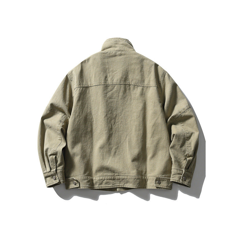 Men's Oversized Canvas Jacket with Stand-Up Collar, Snap Button Front and Concealed Zipper Interior Insert Mune Fashion