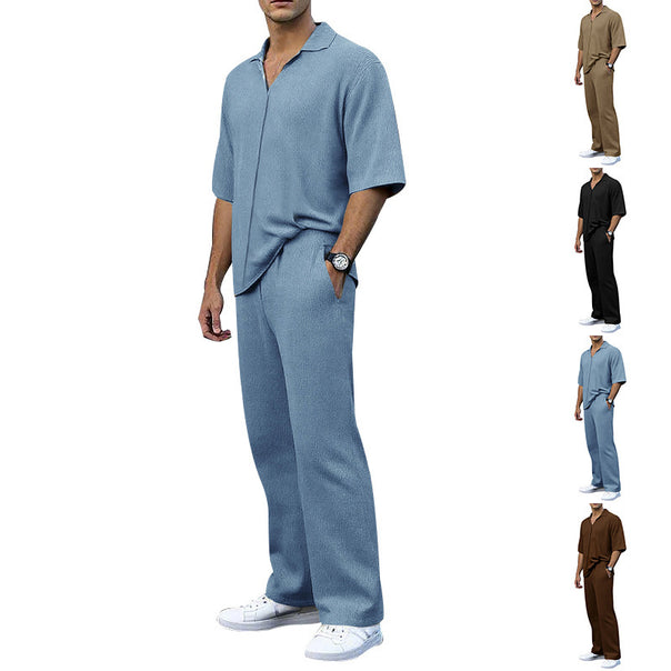 Men's finely structured two-piece set with open polo collar short sleeve shirt and straight comfort waistband pants Mune Fashion