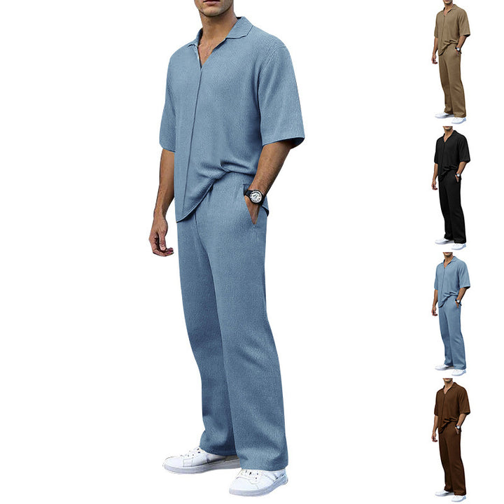 Men's finely structured two-piece set with open polo collar short sleeve shirt and straight comfort waistband pants Mune Fashion